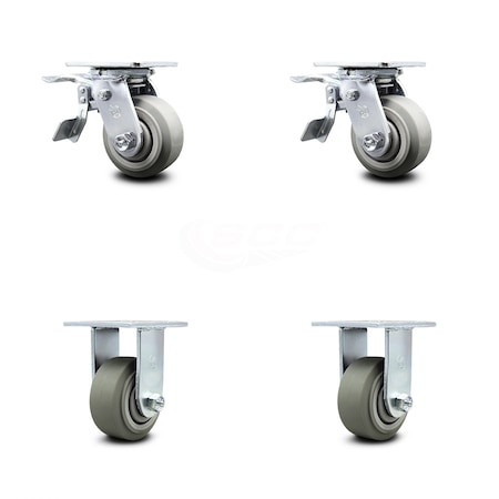 Service Caster 4 Inch Thermoplastic Rubber Caster Set with Ball Bearings 2 Brakes 2 Rigid SCC SCC-TTL30S420-TPRBF-2-R-2